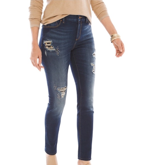 Chicos Platinum 00 Destructed Animal Print Patch Jeggings Blue Jeans Size 2 - Picture 6 of 16
